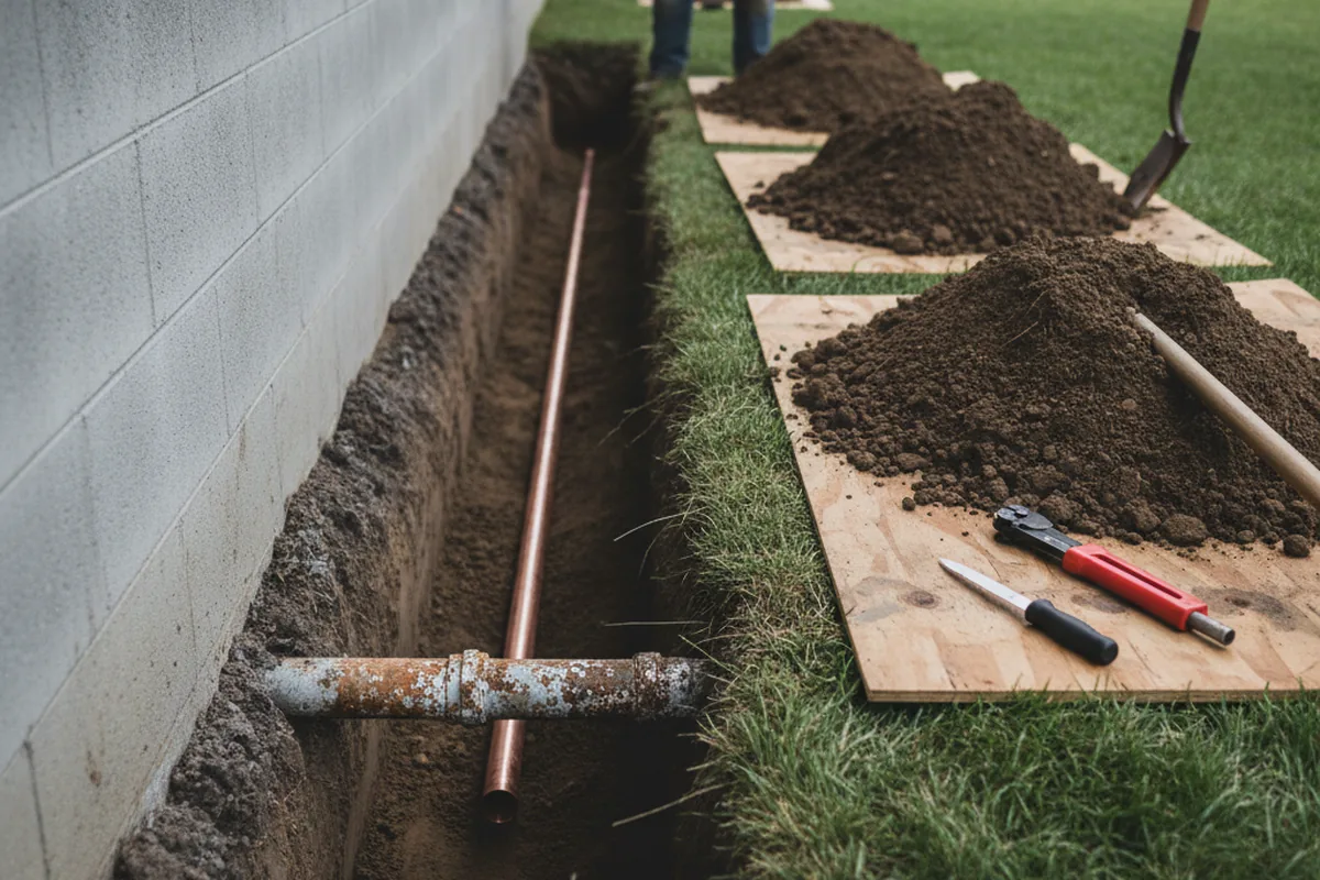 Excavated water line trench during Sewer Line Repair in Eagle